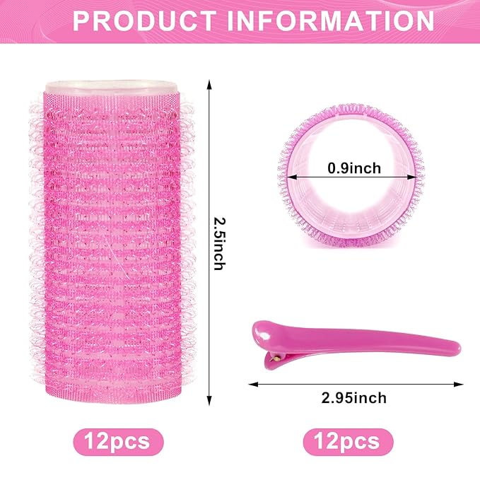 Hair Rollers, 12 Pack Hair Curler Small Hair Rollers for Women, Self Grip Hair Roller with Clips, Pink