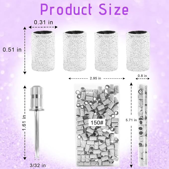 150 Grit Sanding Bands for Nail Drill, 100Pcs Medium Grit Sanding Band for Nail Drill with 3/32” Sanding Bit for Acrylic Nail, Gel Nail Removing, Professional Nail Sanding Band for Manicure & Pedicure