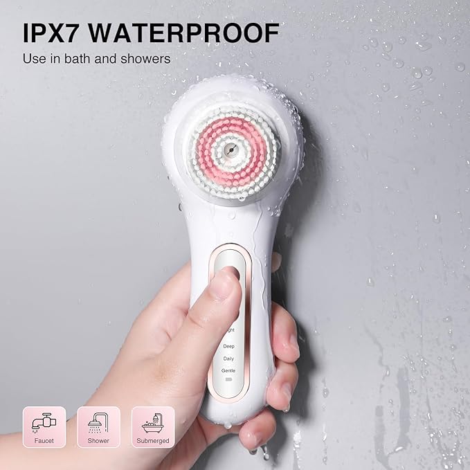 UMICKOO Face Scrubber Exfoliator, Rechargeable Facial Cleansing Brush with 2-Way Rotation & 3 Modes, 30-Day Runtime, 5 Brush Heads for SPA-Level Care, IPX7 Waterproof, Deep Cleaning for All Skin Types