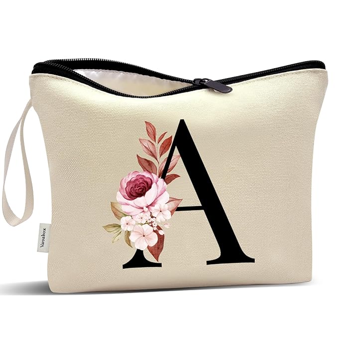 Vavabox A-Z Personalized Makeup Bag, Birthday Gifts for Women Mom, Gifts for Best Friend, Bride Bridesmaid Cosmetic bag (A, Yellow)