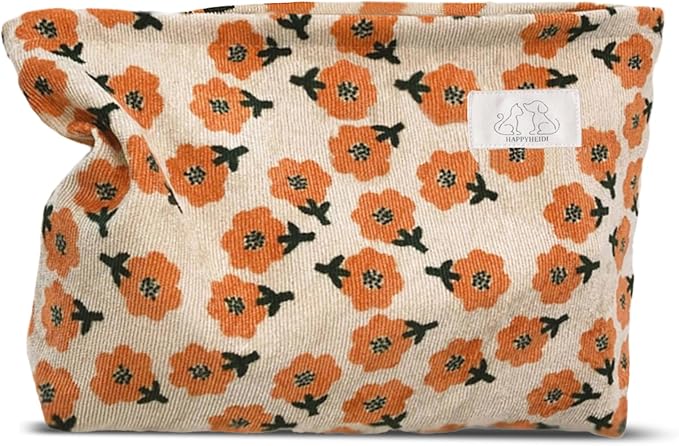 HAPPYHEIDI Women Floral Corduroy Makeup Bag Travel Cosmetic Canvas Pouch Purse Organizer, Cute Beige Flowers