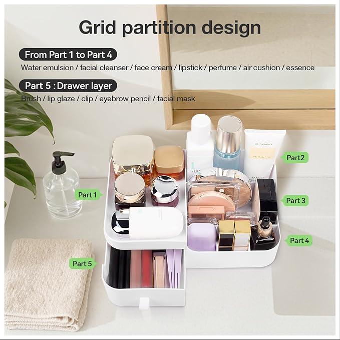 Abiudeng Makeup Organizer for Cosmetic with Drawers,Skincare Organizer for Bathroom for Lipsticks,Jewelry,Nail Care,Eyeshadows-Small White