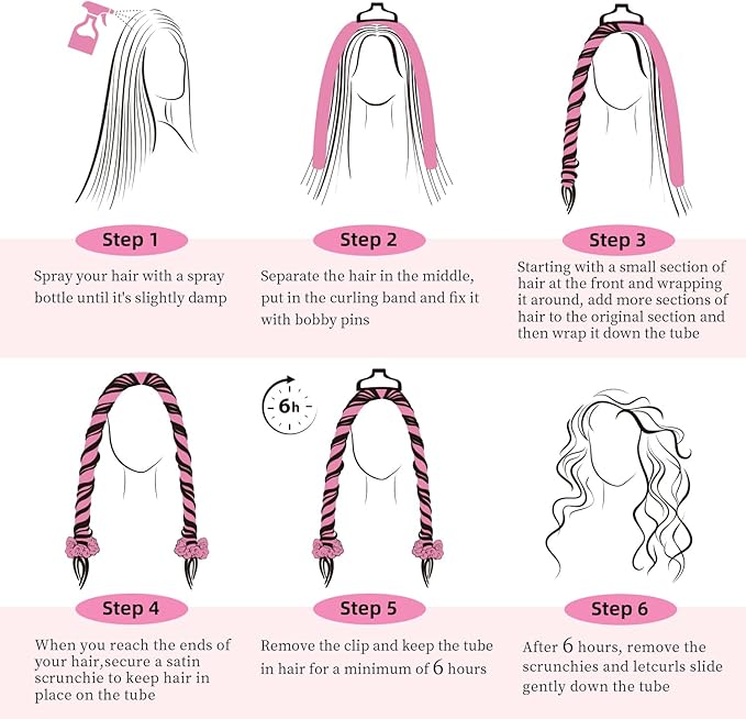 Heatless Hair Curler and Curling Scrunchie Set, Heatless Curls Overnight, Heatless Curling Rod With Spray Bottle, Overnight Blowout Rods, No Smell, No Heat Wave Curlers for All Hair Types (Pink)