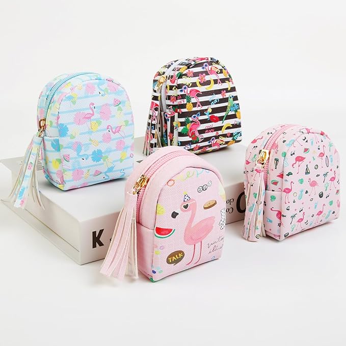 4Pcs Mini Backpack Keychain,Cute Cosmetic Bag for Women,PU Leather Makeup Bag Key Pocket Lipstick Bag Card Holder Data Cable Organizer Zipper Pouch (Flamingo gifts)