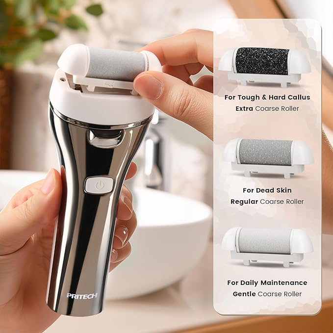 Electric Foot Callus Remover, Rechargeable Portable Electronic Foot File Pedicure Kit, Pedicure Tools for feet, 3 Roller Heads, 3 Speed, Battery Display for Remove Cracked Heels Calluses（BCM-1852）