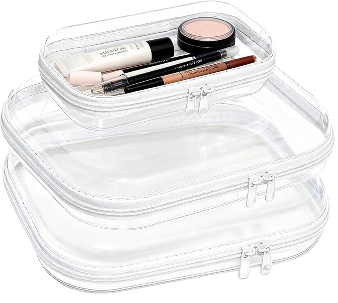 3PCS Clear Hard Plastic Zipper Case, Double Zippers Hard Pouch, Portable Travel Organizer Bin Clear Makeup Bag for Toy Storage, Snack Bag, Cosmetics, Pencil Case, Diaper Bag, Toiletry Bag (2M+1S)