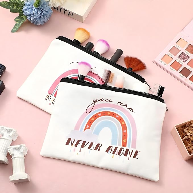 Pinkunn 16 Pcs Valentines Canvas Makeup Bags Bulk Inspirational Christian Women Religious Galentine Gifts Inspirational Bible Verse Pencil Pouch Makeup Bags with Zipper for Travel(Rainbow)
