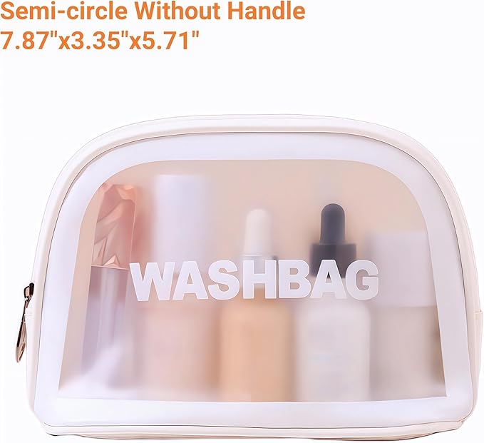 Waterproof Clear Frosted Travel Toiletry Bag For Men & Women: 3-Size Handle Cosmetic Case + 4 Pre-Labeled 2Oz Bottles & Sticker. Large Washbag Organizer. (Pristine White)