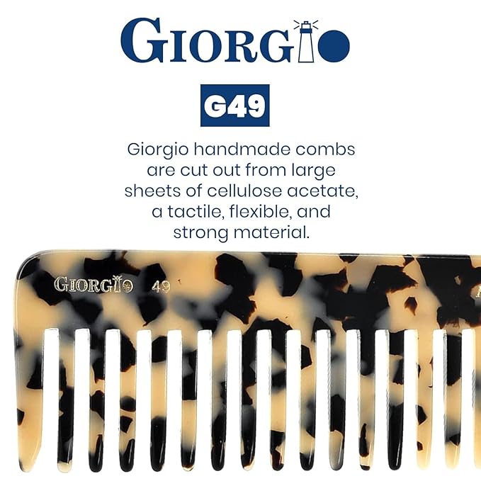 Giorgio G49 White Tokio, Large 5.75 Inch Detangling Comb, Wide Teeth for Thick Curly Wavy Hair. Long Hair Detangler Comb For Wet and Dry. Handmade of Quality Cellulose, Saw-Cut, Hand Polished