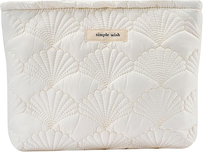 uekeboag White Quilted Cotton Makeup Pouch,Coquette Quilted Toiletry Bag for Women and Girls, Floral Coquette Organizer Bag, Aesthetic Travel Cosmetic Bags(03White Shells)