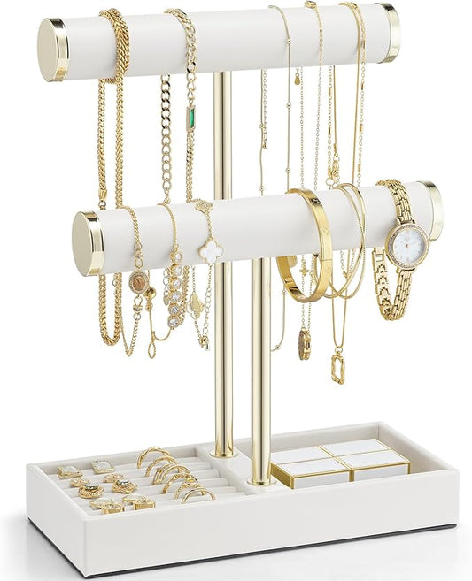 VLANDO 2 Tier Bracelet Holder with Tray - Leather Jewelry Stand Organizer for Women - Necklace Holder Display for Necklace, Watches, Rings, Earrings, Bangle, Scrunchie - White