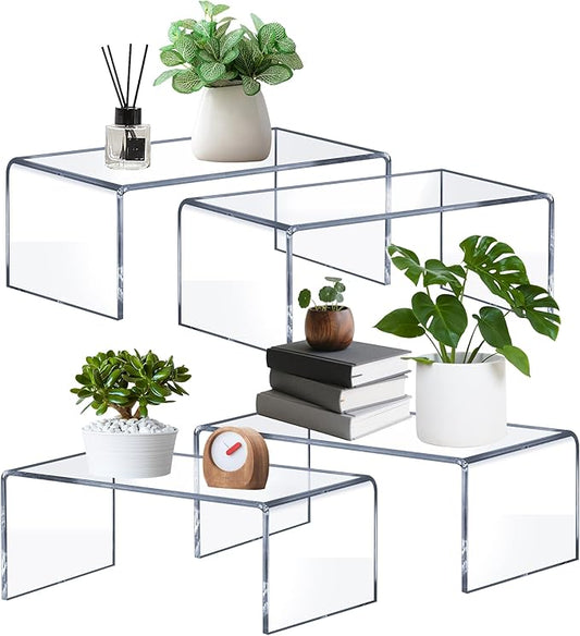 Large Acrylic Risers 4 Pcs - 5mm Thick Clear Display Risers (12.4″ x 5″ x 5″) for Perfume Organizer, Collectibles, Figures, Jewelry & Retail Showcase