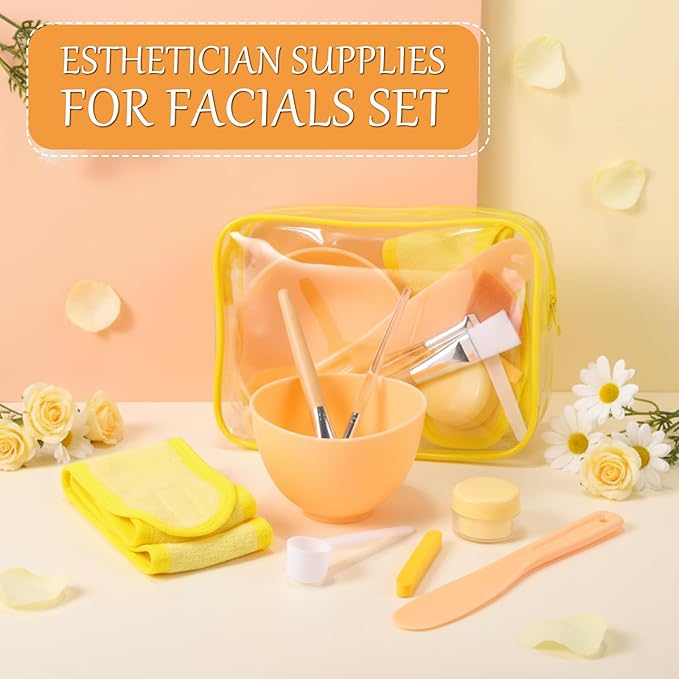 LemonRoad 34 Pcs Esthetician Facial Supplies Include Facial Bowls Brushes Jars Measuring Spoons Hairbands Esthetician Essentials Valentines Gift Set For Women(Yellow)