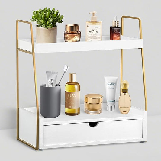 2-Tier Bathroom Organizer Countertop with Drawer, Wood Counter Organizer for Bathroom Decor, Sink Shelf for Vanity Storage, Makeup Tray for Perfume Skincare Bedroom Kitchen Corner