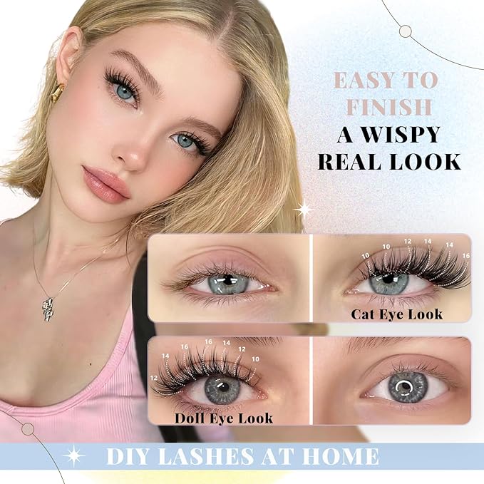 Brown Lash Clusters, Natural Wispy Lash Cluster Eyelash Extensions 320 Pcs C Curl 10-16mm Individual Fluffy False Eyelashes Thin Band DIY for Beginners at Home