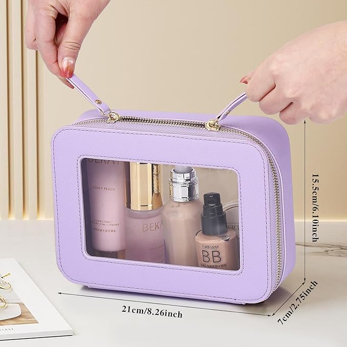 Clear Makeup Bag Women's Waterproof Travel Cosmetic Case and Toiletry Bag Portable Makeup Organizer Bag for Car with Zipper (Purple, M)