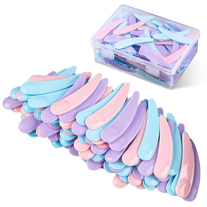 TUZAZO 200pcs Mini Spatula for Cosmetics, Bulk Disposable Makeup Spatulas Mini Plastic Makeup Scoop Spatulas for Cosmetic Mixing and Sampling (Multi Colored with Storage Box)