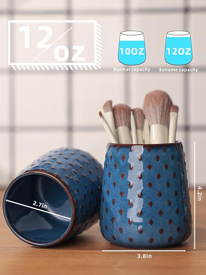 QUXIJA Ceramic Makeup Brush Holders, Farmhouse Bathroom Vanity and Countertop, Brushes Cup for Bathroom Cosmetics, Lipsticks, Vanity Desktop Storage (Vintage Blue)