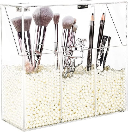 YestBuy Clear Makeup Brush Holder, Acrylic Makeup Brush Organizer For Vanity, Cosmetic Brush Storage Box with Pearls, For Bathroom, Bedroom, Vanity Countertop