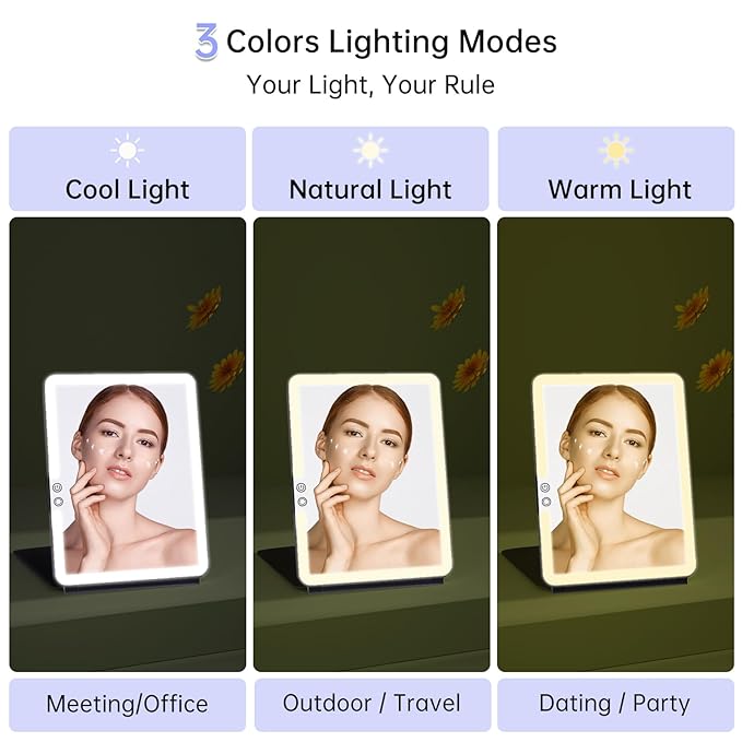 FUNTOUCH 10x7.5 Portable Large Travel Makeup Mirror with Light, 1800mAh Rechargeable Lighted Travel Makeup Mirrors with 3 Color Lights, Dimmable Folding Light Up Make up Mirror with Small 10x Mirror