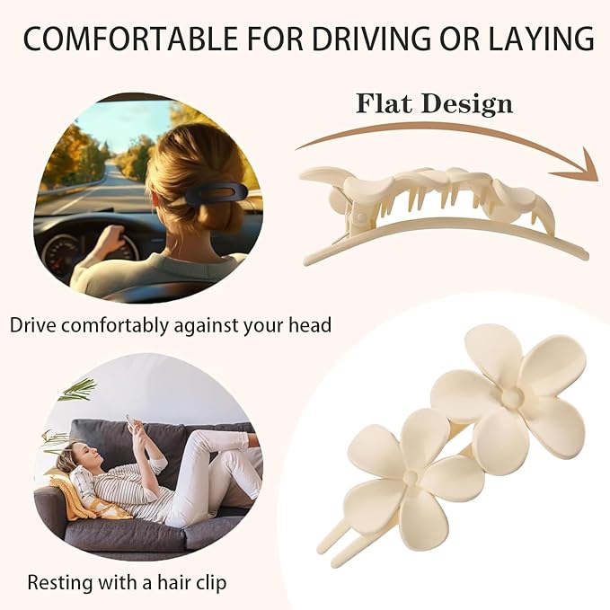 6 PCS Flat Hair Clips, Lay Flat Claw Clips for Women Girls, 2 Styles Non-slip Hair Claws for All Hair Types,Comfortable Flat Clips for Lying and Driving(Tortoise)