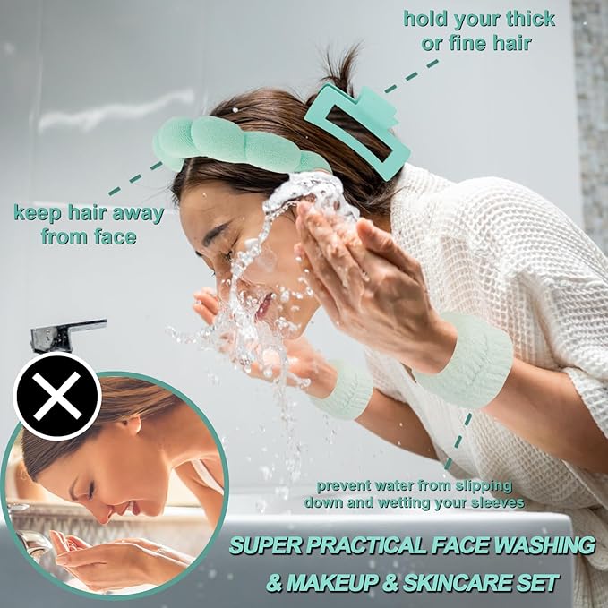 Canitor Spa Headband Wrist Bands with Hair Clips Green Frog Makeup Skincare for Washing Face Skin Care Preppy Teen Girl Gifts Cute Trendy Stuff Hair Accessories for Women
