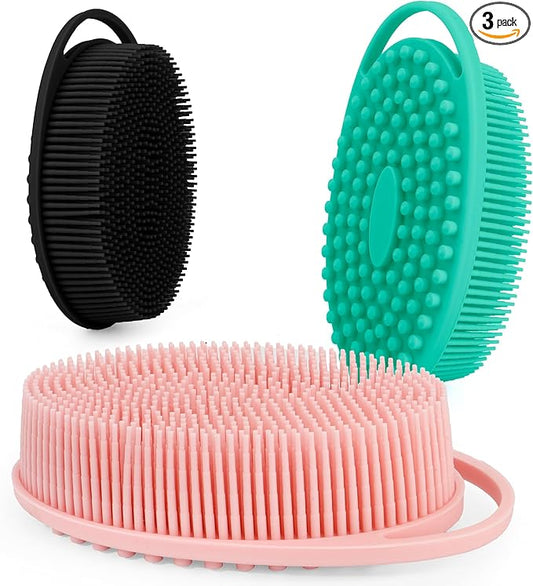 Soft Silicone Body Scrubber 3 PCS Silicone Body Shower, Silicone Loofah 2 in 4 Bath and Shampoo Brush, Body Scrubber Shower Cleaning Exfoliating Use for Sensitive Skin, Lather Well, Black,Pink,Green