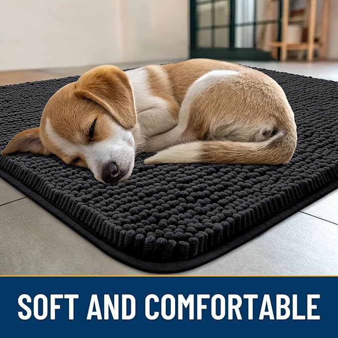 Smiry Dog Door Mat for Muddy Paws 71x46, Absorbs Moisture and Dirt Doormat, Non-Slip Washable Quick Dry Chenille Front Door Mat Indoor Entrance, Entryway Carpet for Inside Floor, Black
