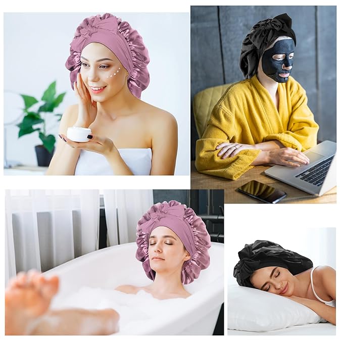 Arqumi 2 Pcs Satin Silk Bonnet for Sleeping Women, Large Long Strap Tie Band Adjustable Sleep Night Cap Hair Bonnet Wrap for Men, Black+Leather Red