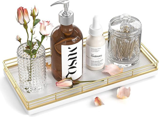 Bathroom Vanity Tray – 12" x 6" Oak Decorative Wooden Tray for Toilet Tank Organizer Wood Tray for Bathroom Countertop, Soap, Perfume & Accessories Storage, Vanity & Dresser Decor, Gold & White