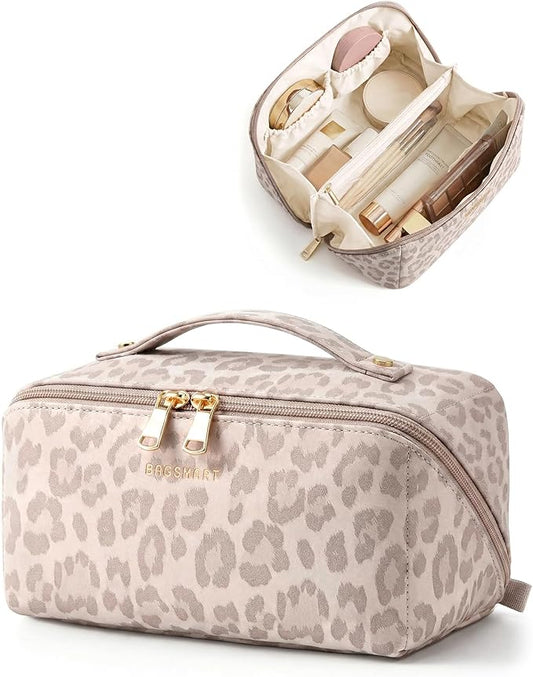 BAGSMART Makeup Bag Travel Cosmetic Bag, Large Make Up Bag Flat Open Toiletry Bag for Women, PU Leather Travel Essentials Organizer Case, Wide-open Pouch Purse for Skincare, Brushes, Pink Leopard