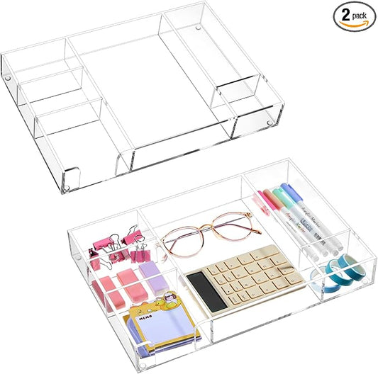 2 Pcs Clear Acrylic Desk Drawer Organizer 12 x 8 x 1.77 Inch Drawer Organizer Trays with 6 Compartments Desk Accessories for Office Makeup Silverware Bathroom