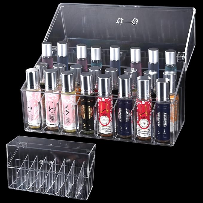 Wiojtry Acrylic Lipgloss Lip Gloss Holder & Rollerball Perfume Organizer for Compact Essential Oil Rollerball Perfume Holder, Makeup Brush, 18 Slots Tubular Storage Display Cabinet With Cover