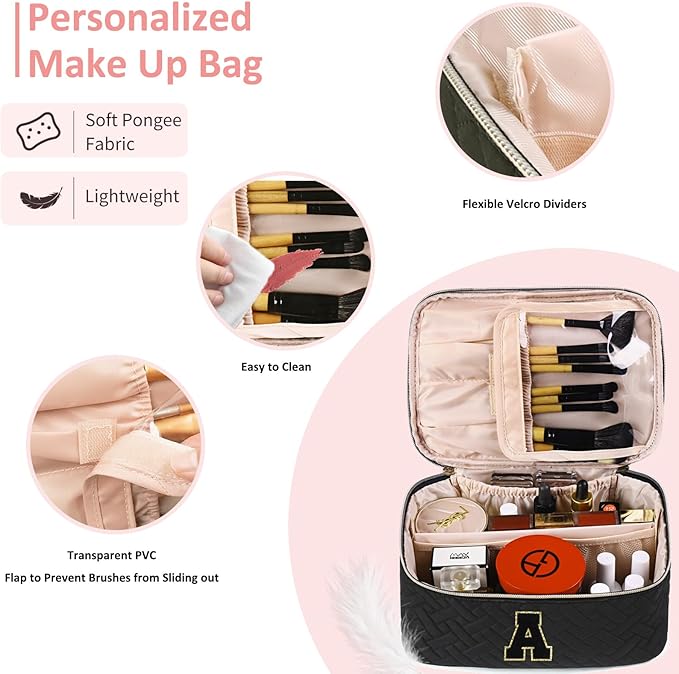 Gifts Initial Makeup Organizer Bag for Girls, Chenille Letter Personalized Cosmetic Bag with Zipper | Preppy Quilted Portable Makeup Pouch Teen Birthday Gifts (T, Balck)