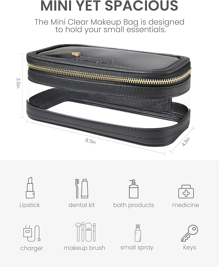 ROWNYEON Waterproof Toiletry Organizer Train Case, CLear Travel Makeup Bag for Women，Transparent Cosmetic Bag，Portable Makeup Case Organizer (black)