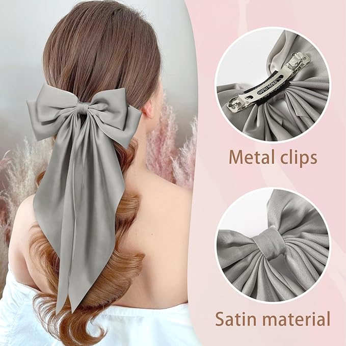 6 PCS Hair Bows for Women, Big Bow Hair Clips for Girls, Silky Satin Hair Bows Clips Oversized Long Tail, Large Cute Aesthetic Hair Accessories, Metal Bow Hair Clips Holiday Gifts Blue