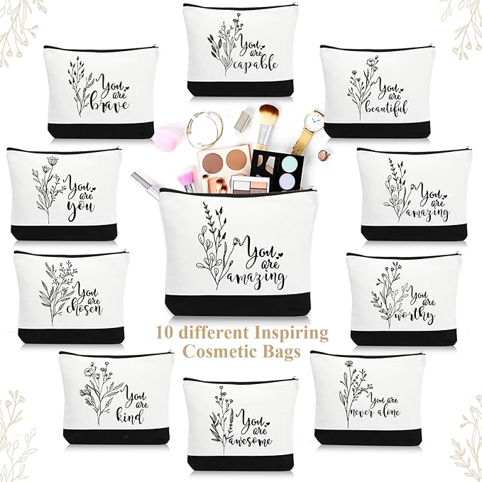 Coume 10 Pcs Valentines Canvas Makeup Bags Bulk, Inspirational Quotes Cosmetic Zipper Encouragement Travel Pouch Toiletry Bag Women Teacher Friend Birthday Gift(Black White,Aesthetic)