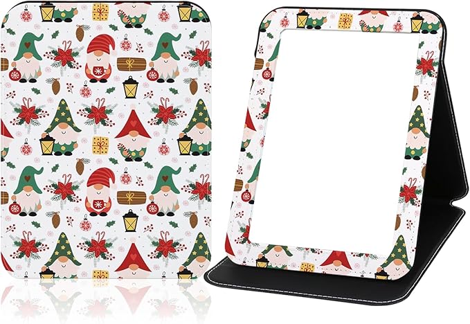 Folding Mirror Portable, Travel Makeup Compact Personal Hand Mirror PU Portable Adjustable Rectangular Ultrathin Vanity Desk Mirror with Stand, for Travel, Camping, Home (Santa Claus Design)