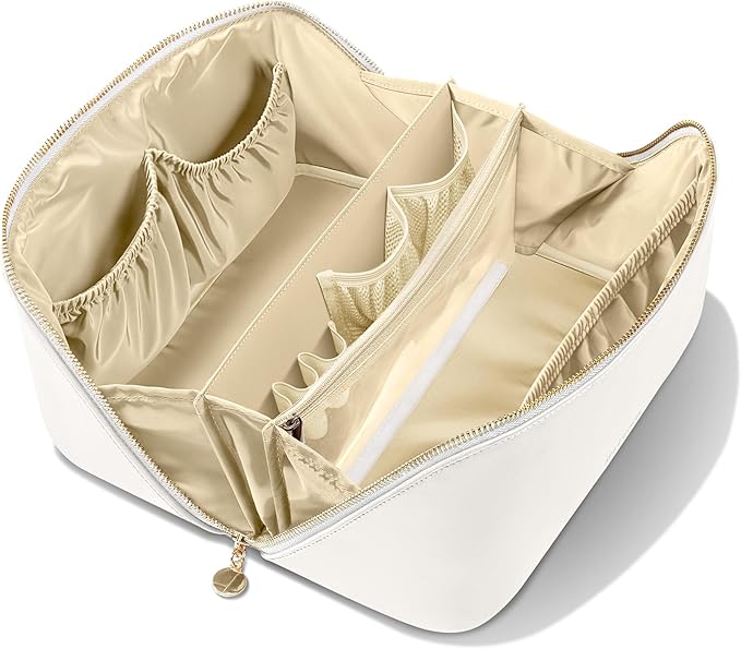 Travel Makeup Bag, Large Capacity Cosmetic Bags for Women, Waterproof Portable Pouch Open Flat Make up Organizer Bag with Dividers and Handle, Toiletry Bag for Essentials