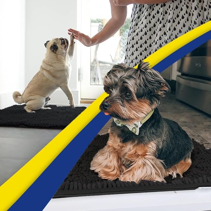 Muddy Mat® 2-Piece Black Medium 30"X19" AS-SEEN-ON-TV Highly Absorbent Microfiber Door Mat, Bath Mat and Pet Rug, Non Slip Thick Washable, Soft Chenille for Kitchen Bathroom Bedroom Indoor and Outdoor