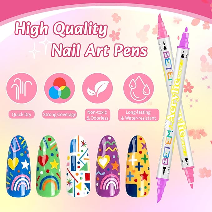 Betem Nail Art Pens Set, Dual Tip 30 Colors Nails Art Markers Non-Toxic, Quick-drying Nail Polish Pens, Acrylic Nail Kit for Home & Salon DIY, Easy French Manicure Tool, Gifts for Mom, Friends