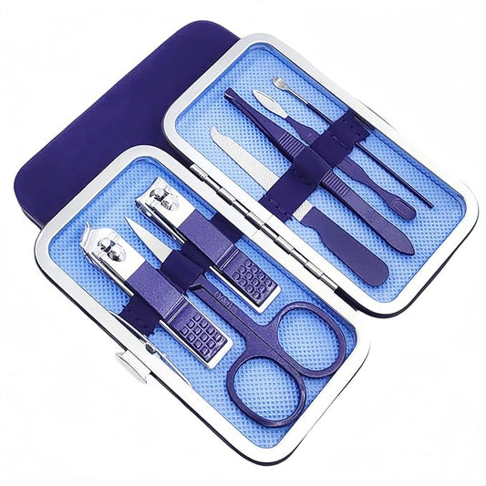 QURIPE 7pcs Manicure Set, Nail Clippers Kit, Stainless Steel Manicure Kit, Nail Clipping Tools Portable Travel Grooming Kit, The Best Gift with Luxurious Case (Blue)