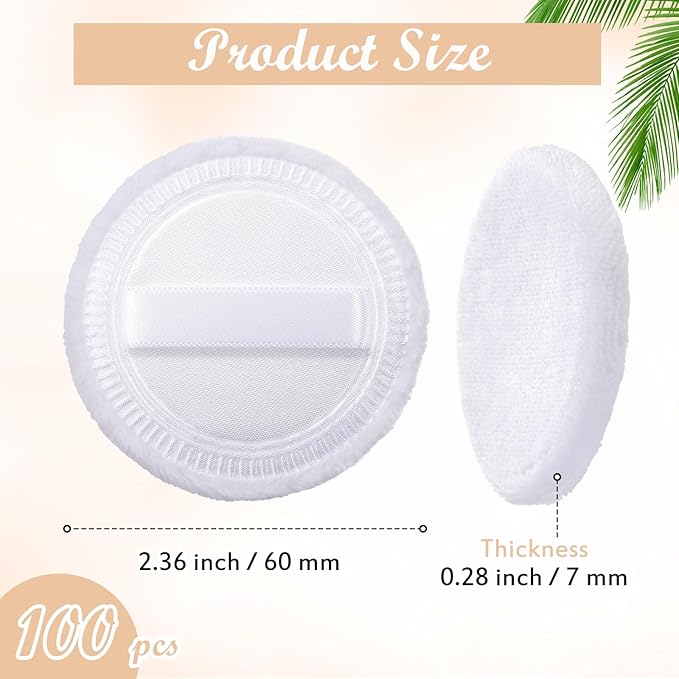 100 Pcs Cotton Powder Puffs Washable Bulk 2.36 Inch White Round Cosmetic Face Makeup Soft Puffs with Ribbon for Loose and Pressed Powder Body Cosmetic