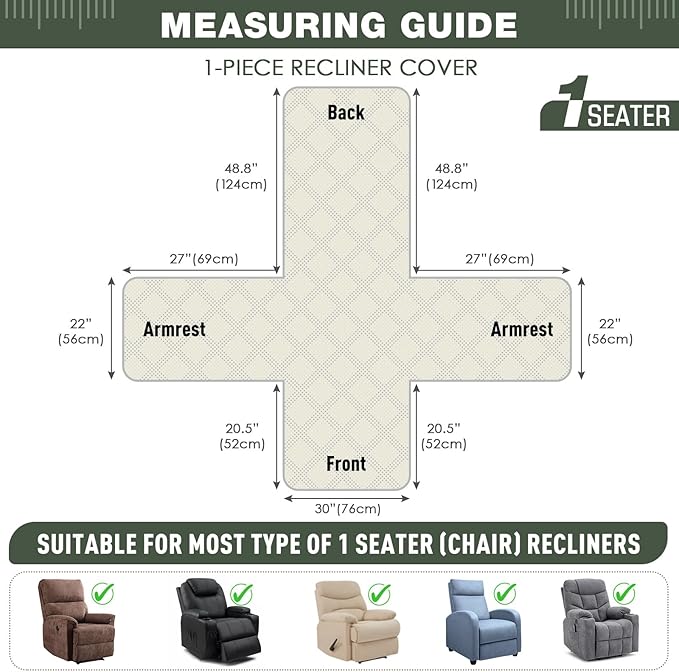 TAOCOCO Waterproof Recliner Chair Covers 30 Inch Wide, Oversized Recliner Covers for Recliner Chair with Pocket, Recliner Slipcovers with Straps Furniture Protector for Kids Pets (30'', Sage Green)