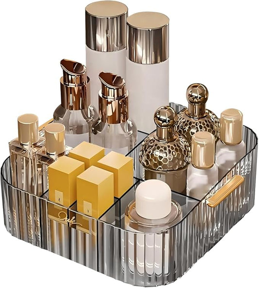 DASITON Acrylic Makeup Organizer,9 Slots Makeup Brush Holder,Makeup Storage with Handle,Vintage Striped Cosmetic Organizer for Desk Storage Container,Vanity,Bathroom(Grey)