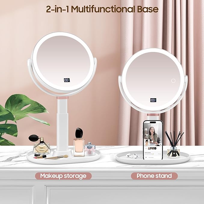 Makeup Magnifying Mirror with Light 30X/1X, Digital Display, 2-Sided Touch Control, Makeup Mirror with 3 Color Lights,360° Rotate, Height Adjustable Lighted Magnifying Mirrors for Desk Travel