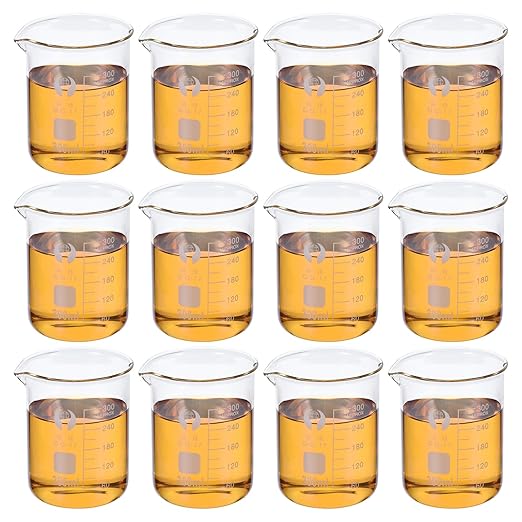 PATIKIL 300ml Low Form Glass Beaker, 12 Pack 3.3 Borosilicate Glass Graduated Printed Scale Measuring Cups with Spout for Kitchen Lab Liquids