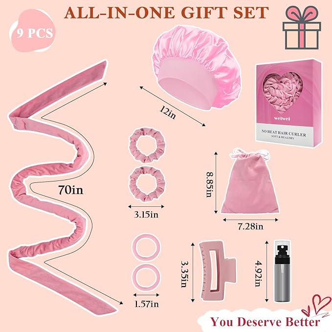 weiwei Heatless Overnight Curling Headband, 70" Soft Hair Rollers to Sleep In, Long Wave Hair Wrap for Women, 9PCS Curling Rod Gift Set (Pink)
