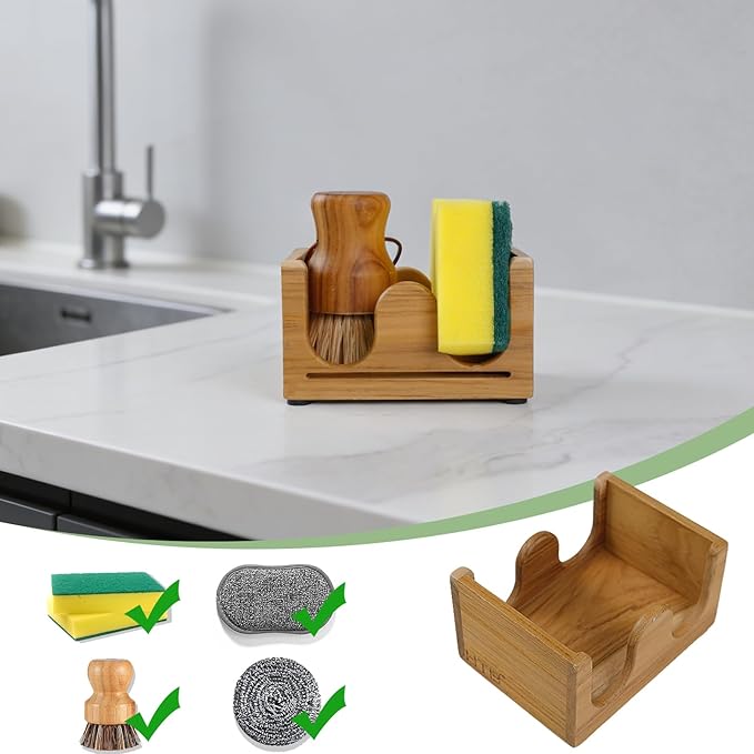 HTB Sponge Holder for Kitchen Sink,Teak Wood Dish Sponge Caddy Rack Tray Stand with Drain,Kitchen Sink Storage Organizer Countertop