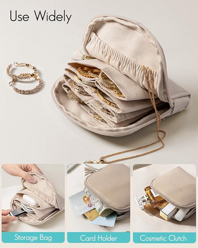 VLANDO Small Travel Jewelry Case,Wedding Gifts for Women,Jewelry Pouch Bags with Zipper,Velvet Jewelry Organizer Storage Bag for Bracelet Rings Earring-Cream White